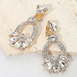 Teardrop Glass Stone Accent Rhinestone Embellished Open Oval Dangle Evening Clip On Earrings