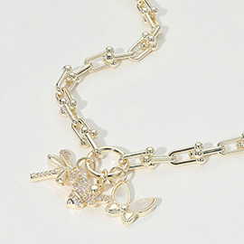 14K Gold Plated CZ Stone Paved Dragonfly Honey Bee Mother of Pearl Butterfly Charm Pendant Chunky Industrial Chain Necklace