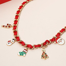 Enamel Christmas Themed Charm Station Ribbon Strap Braided Necklace