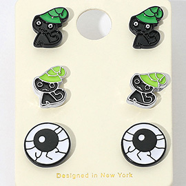 3Pairs - Halloween Black Cat Eyeball Stud Earring Set