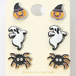 3Pairs - Halloween Pumpkin Ghost Spider Stud Earring Set