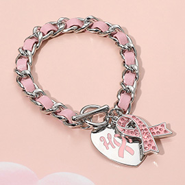 Hope Pink Ribbon Awareness Charm Chain Toggle Bracelet