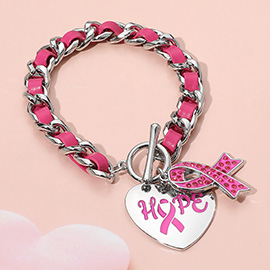 Hope Pink Ribbon Awareness Charm Chain Toggle Bracelet