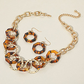 Geometric Resin Tortoise Metal Ring Link Statement Necklace