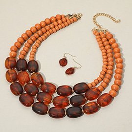 Resin Pebble Wooden Ball Beaded Triple Layered Statement Necklace