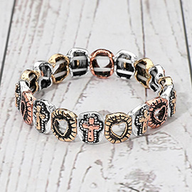 Western Boho Vintage Metal Open Heart Embossed Cross Charm Beaded Stretch Bracelet