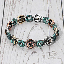 Western Boho Metal Butterfly Embossed Round Charm Beaded Stretch Bracelet