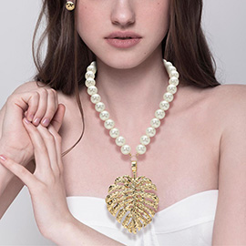 Oversized Textured Metal Tropical Leaf Pendant Accent Pearl Statement Necklace