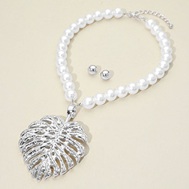 Oversized Textured Metal Tropical Leaf Pendant Accent Pearl Statement Necklace