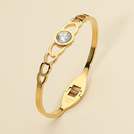 Stainless Steel Roman Numeral Stone Bezel Accent Hinged Bangle Bracelet