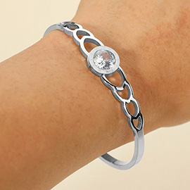 Stainless Steel Roman Numeral Stone Bezel Accent Hinged Bangle Bracelet