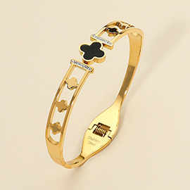Stainless Steel Quatrefoil Cutout Hinged Bangle Bracelet