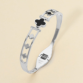 Stainless Steel Quatrefoil Cutout Hinged Bangle Bracelet