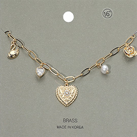 Heart Rose Swan Pearl Charm Station Paperclip Chain Necklace