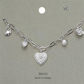 Heart Rose Swan Pearl Charm Station Paperclip Chain Necklace