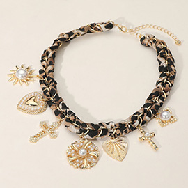Bold Pearl Embellished Heart Cross Sunburst Charm Station Leopard Fabric Chain Necklace