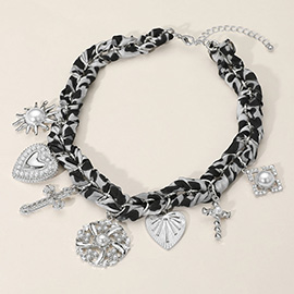 Bold Pearl Embellished Heart Cross Sunburst Charm Station Leopard Fabric Chain Necklace