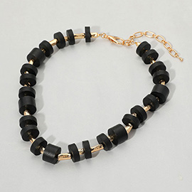 Wooden Stacked Disc Textured Metal Bar Beaded Statement Necklace