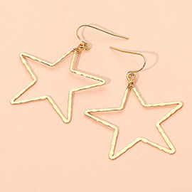 18K Gold Dipped Brass Metal Hammerd Open Star Dangle Earrings