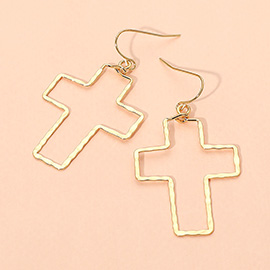 18K Gold Dipped Brass Metal Hammerd Open Cross Dangle Earrings