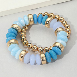 2PCS - Natural Stone Metal Ball Beaded Stretch Double Layered Bracelets