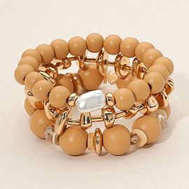 3PCS - Pearl Accent Metal Wooden Ball Beaded Stretch Multi Layered Bracelets