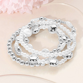 4PCS - Pearl Disc Metal Ball Beaded Stretch Multi Layered Bracelets