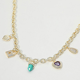 14K Gold Plated CZ Stone Paved Lock Heart Teardrop Charm Station Necklace
