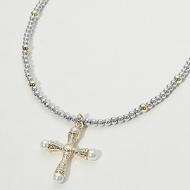 14K Gold Plated Two Tone Beaded Chain Pearl Tip Cross Pendant Necklace