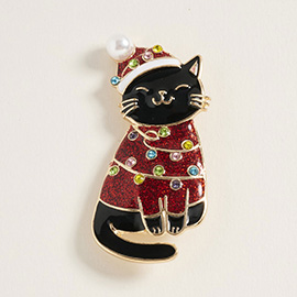 Festive Holiday Santa Hat Black Cat Pin Brooch