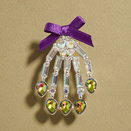 Bow Accent Glass Stone Skeleton Hand Pin Brooch