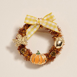Bow Accent Autumn Harvest Wreath Pin Brooch