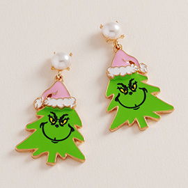 Pearl Accent Green Monster Santa Christmas Tree Dangle Earrings
