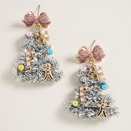Whimsical Pearl Bow Snowflake Charm Tinsel Christmas Tree Dangle Earrings