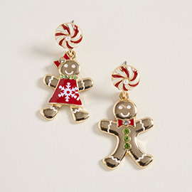 Mismatch Festive Holiday Gingerbread Man Woman Dangle Earrings
