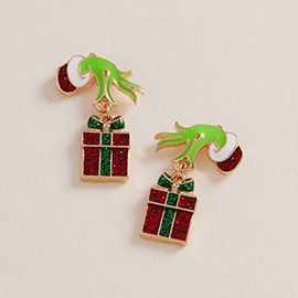 Green Monster Hand Glittered Holiday Gift Box Dangle Earrings