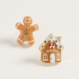 Mismatch Gingerbread Man and House Stud Earrings