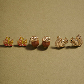 3Pairs - Autumn Leaf Acorn Squirrel Stud Earring Set
