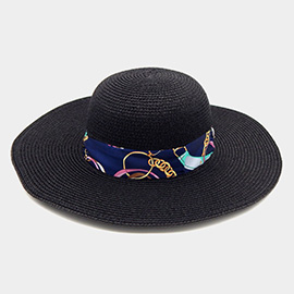 Wide Brim Chain Printed Silk Like Fabric Band Straw Hat