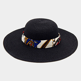 Wide Brim Chain Printed Silk Like Fabric Band Straw Hat