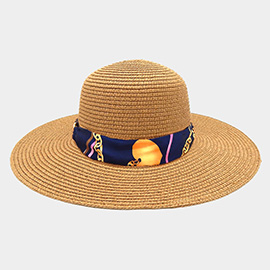 Wide Brim Chain Printed Silk Like Fabric Band Straw Hat