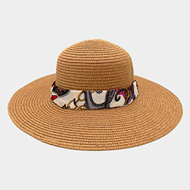 Wide Brim Chain Printed Silk Like Fabric Band Straw Hat