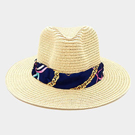 Chain Printed Silk Like Fabric Band Straw Fedora Hat