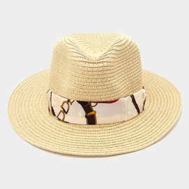 Chain Printed Silk Like Fabric Band Straw Fedora Hat