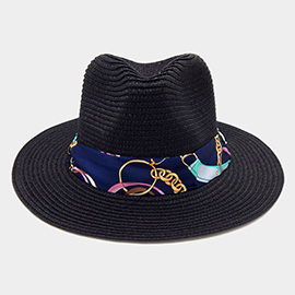 Chain Printed Silk Like Fabric Band Straw Fedora Hat