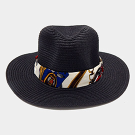 Chain Printed Silk Like Fabric Band Straw Fedora Hat