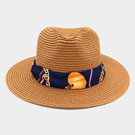 Chain Printed Silk Like Fabric Band Straw Fedora Hat