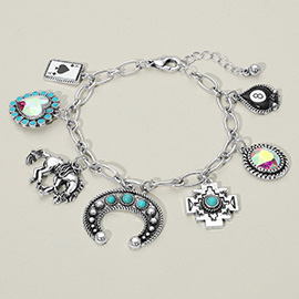 Western Stone Studded Horseshoe Heart Card Horse Charm Station Bracelet