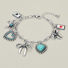 Whimsical Western Heart Bow Card Charm Station Bracelet