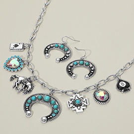 Western Stone Studded Horseshoe Heart Card Horse Charm Station Necklace